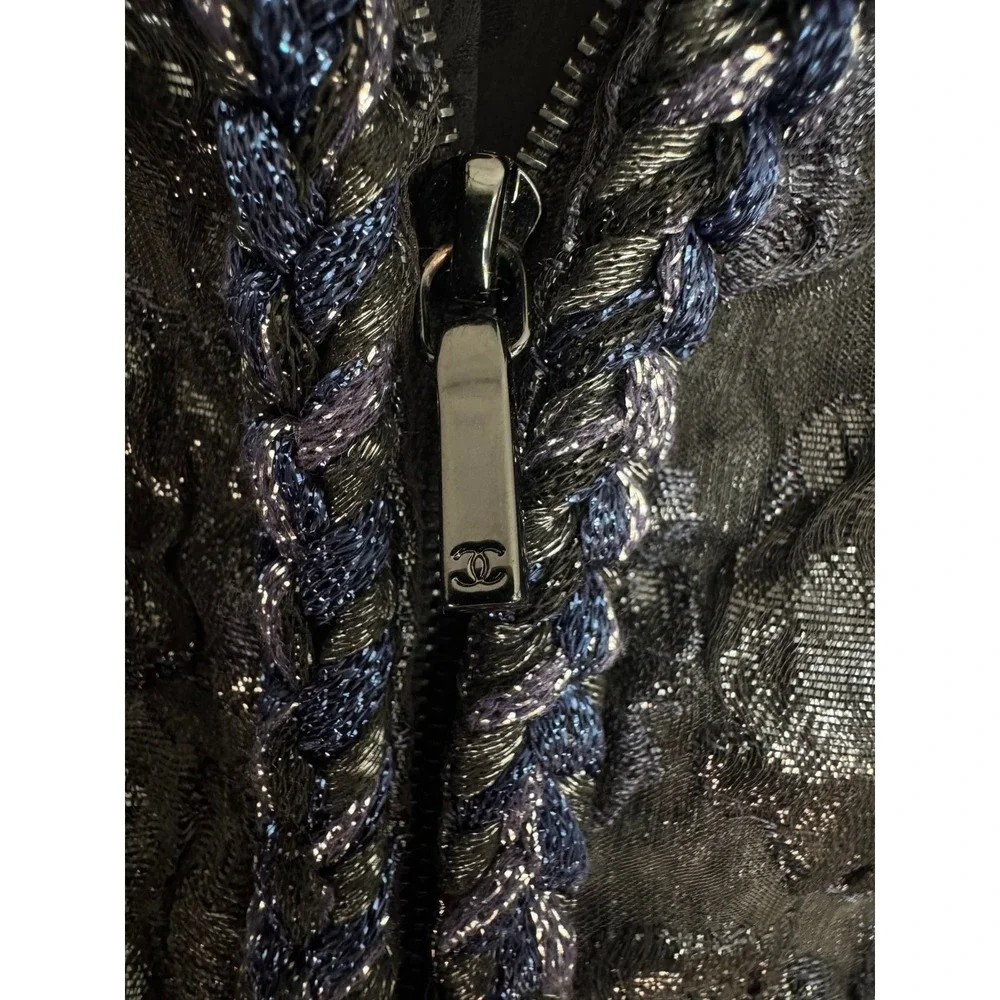 Chanel Black Blue Floral Jacquard Longline Jacket Camellia CC Logo FR50 US 16 18